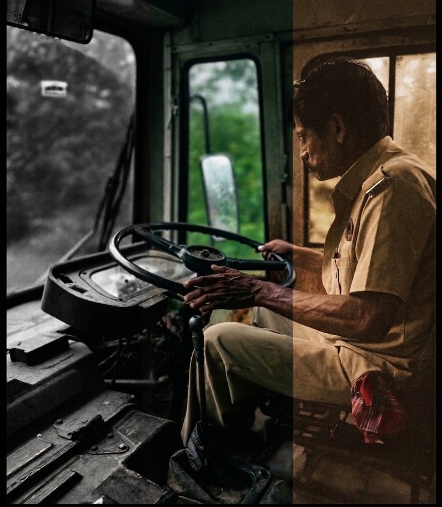 The bus driver at the wheel on the road back from Harishchandragad
